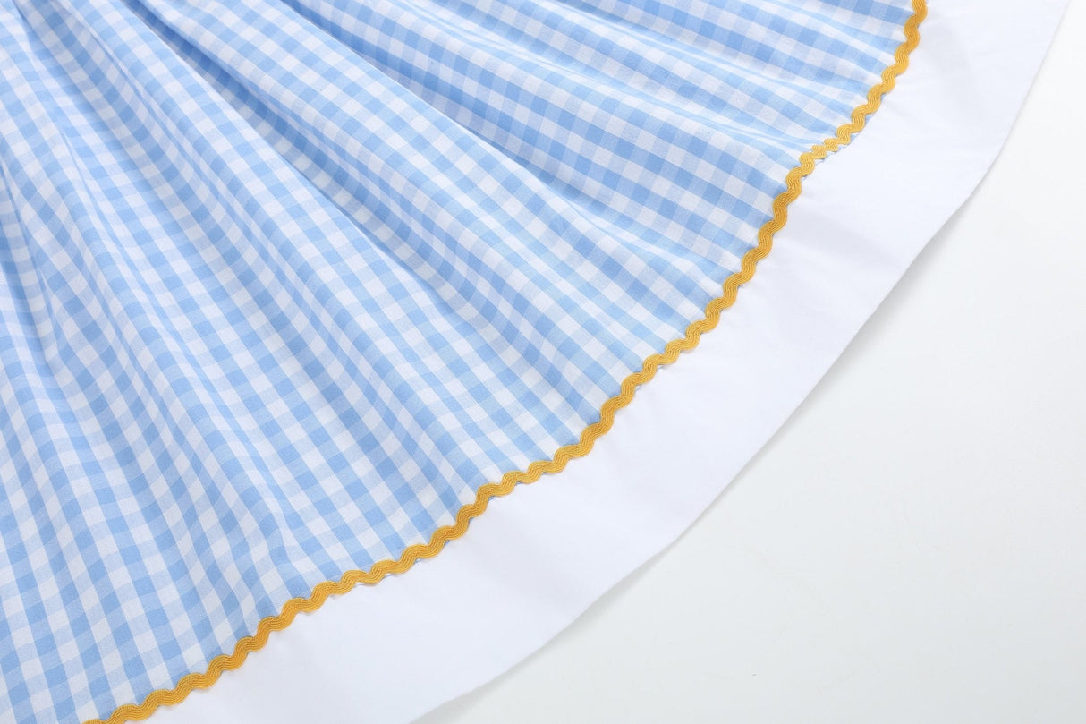 Blue Gingham Sunflower Smocked Bishop Dress