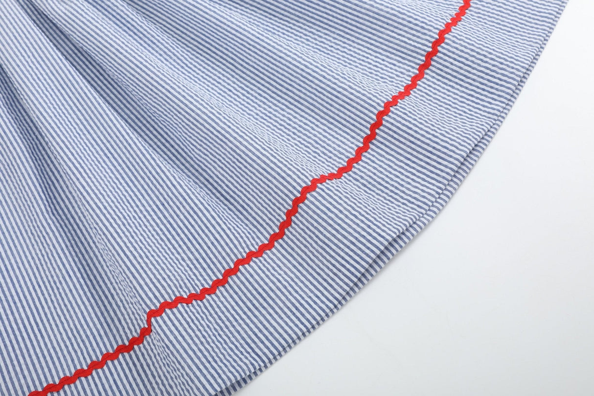 Blue Seersucker Baseball Smocked Bishop Dress