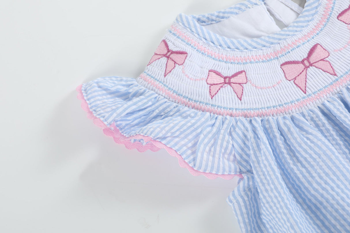 Blue Seersucker Bow Smocked Flutter Romper