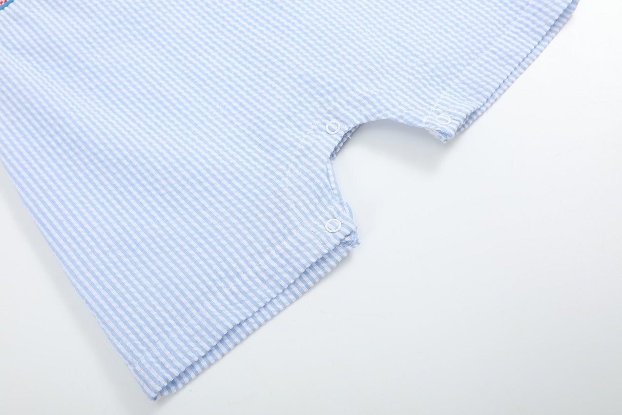 Blue Seersucker Helicopter Smocked Shortalls