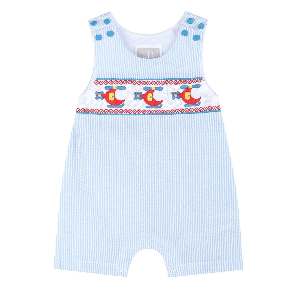 Blue Seersucker Helicopter Smocked Shortalls