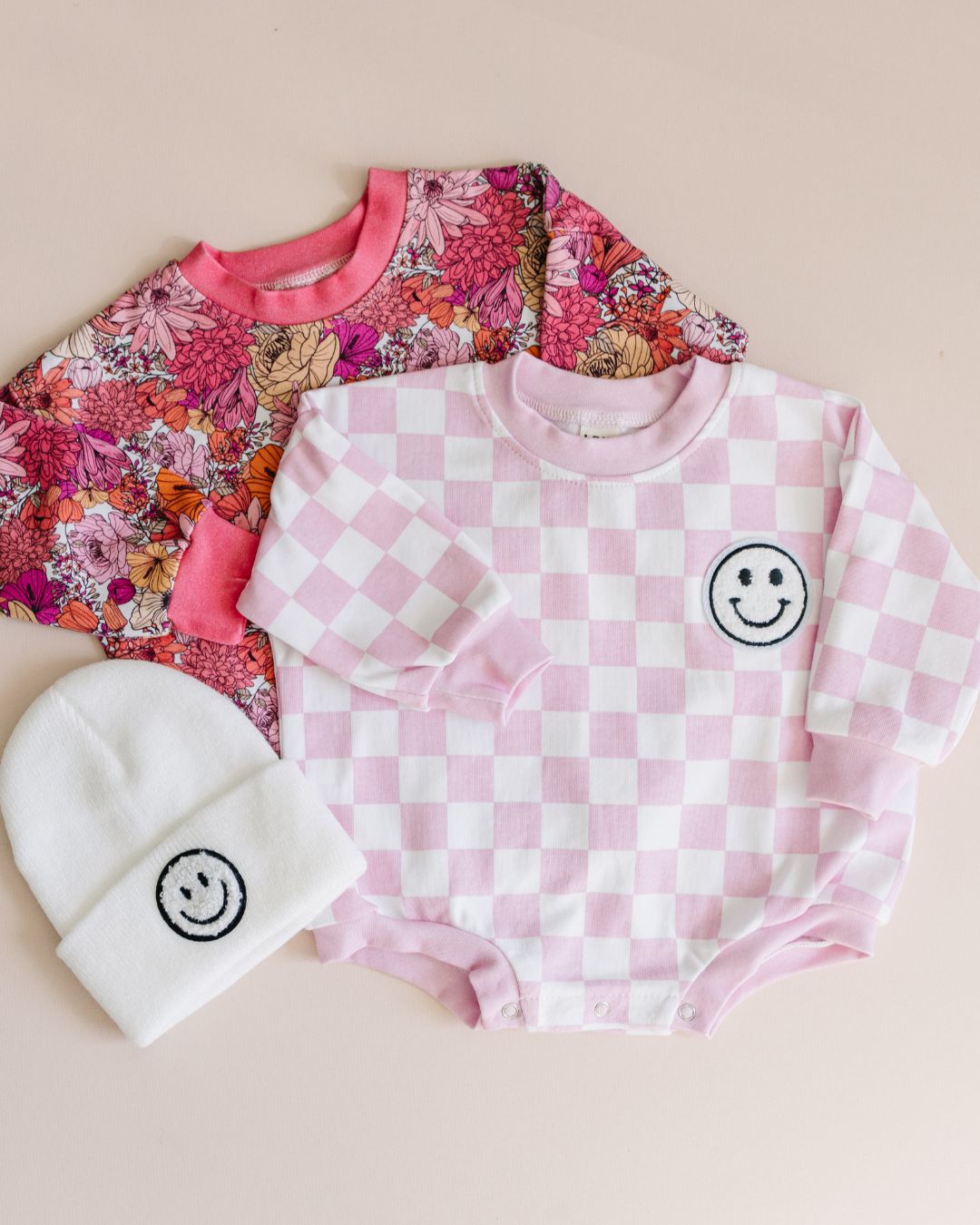Bubble Romper | Checkered Smiley Pink - HoneyBug