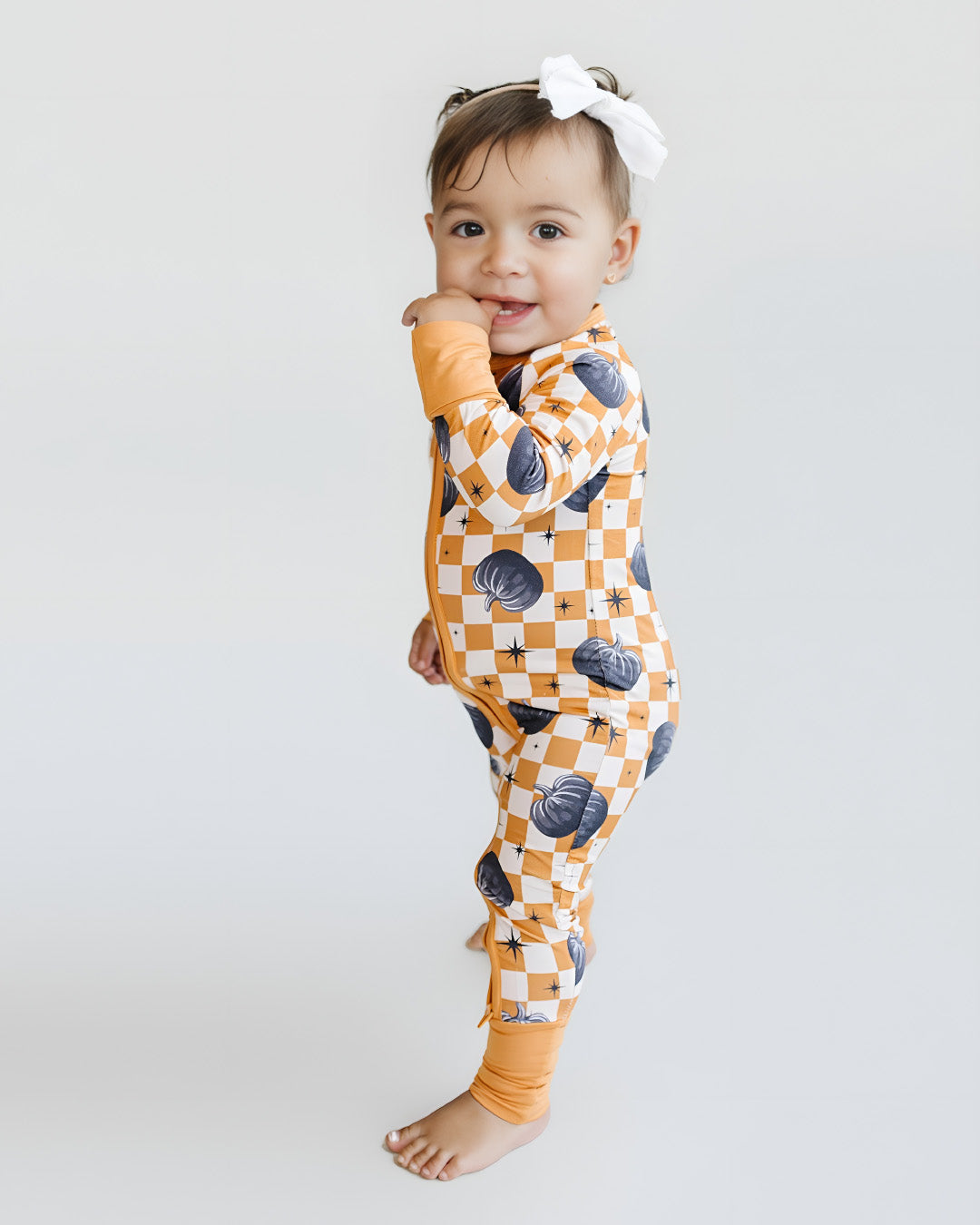 Bamboo Zip Romper | Checkered Pumpkin - HoneyBug