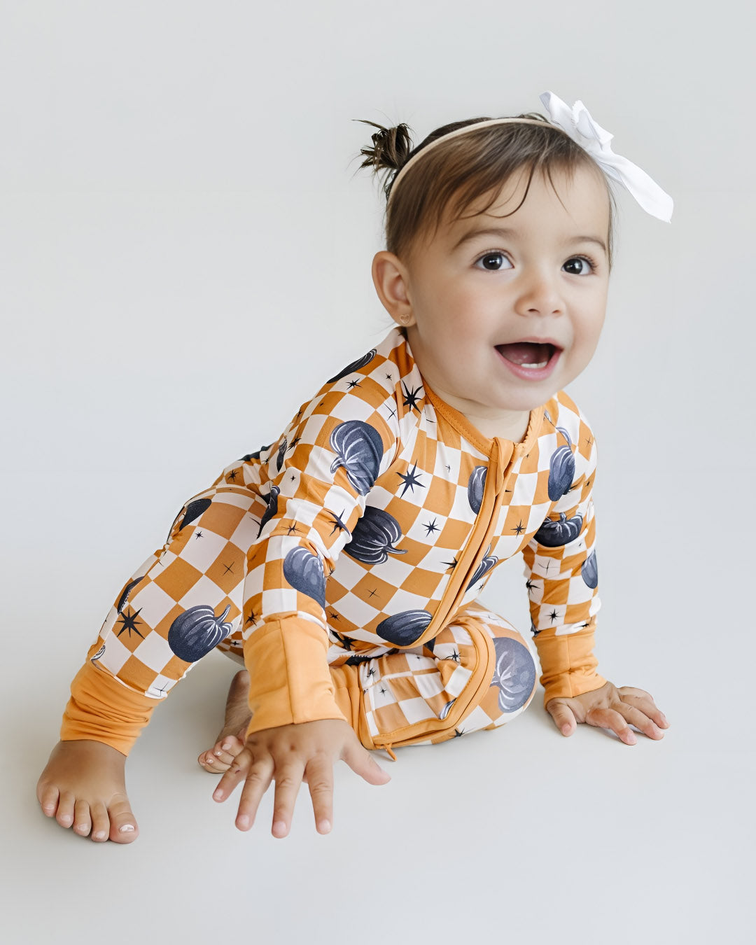 Bamboo Zip Romper | Checkered Pumpkin - HoneyBug