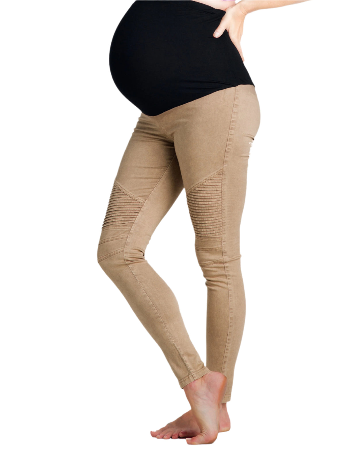 Desert Khaki Moto Maternity Leggings - HoneyBug