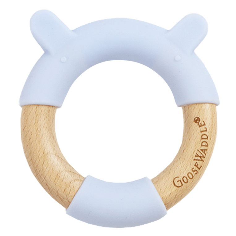 Blue Bear Circle Bear Head Teether Silicone + Wood Teether - HoneyBug