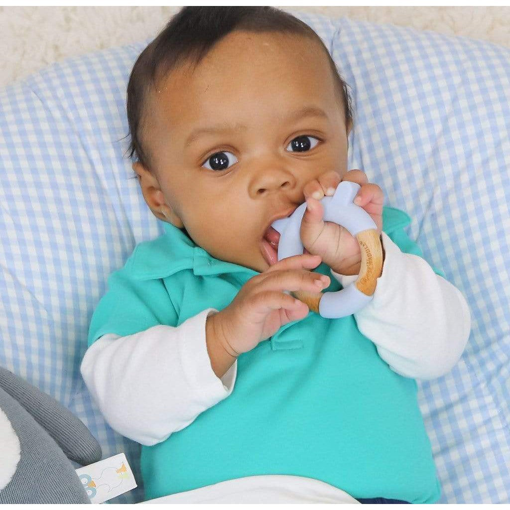 Blue Bear Circle Bear Head Teether Silicone + Wood Teether - HoneyBug