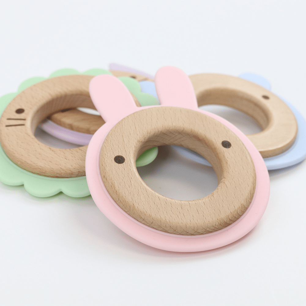 Pink Bunny Silcone + Wood Teether - HoneyBug