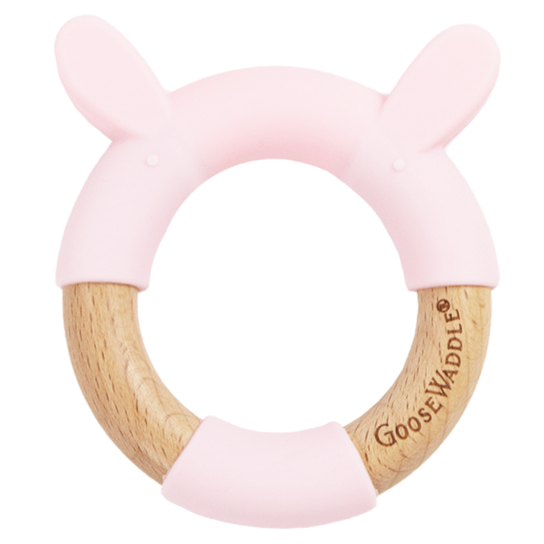 Pink Bunny Circle Bunny Head Teether Wooden + Silicone - HoneyBug