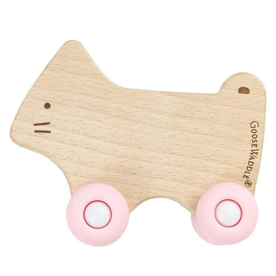 Pink Kitten Silicone + Wood Teether with Wheels - HoneyBug
