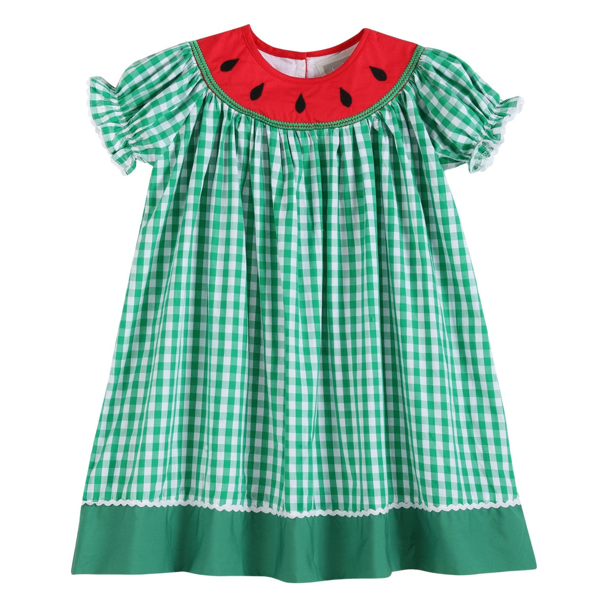 Green Gingham Watermelon Collar Bishop Dress