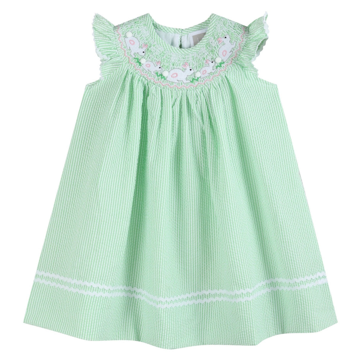 Green Seersucker Easter Bunny Smocked Bishop Dress