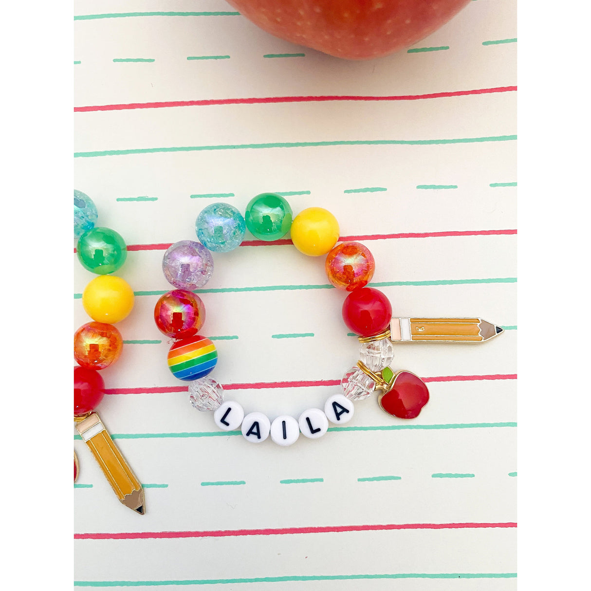 Back to School: Rainbow Pencil and Apple Charm Bracelet- Customizable - HoneyBug