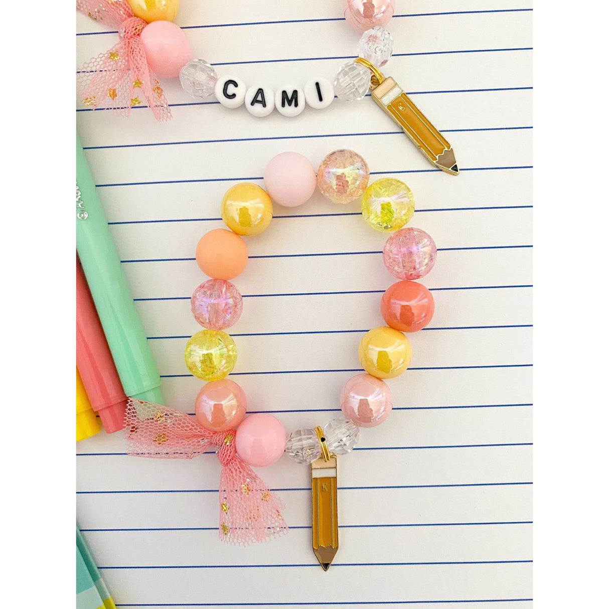Back to School: Pastel Pencil Charm Bracelet- Customizable - HoneyBug
