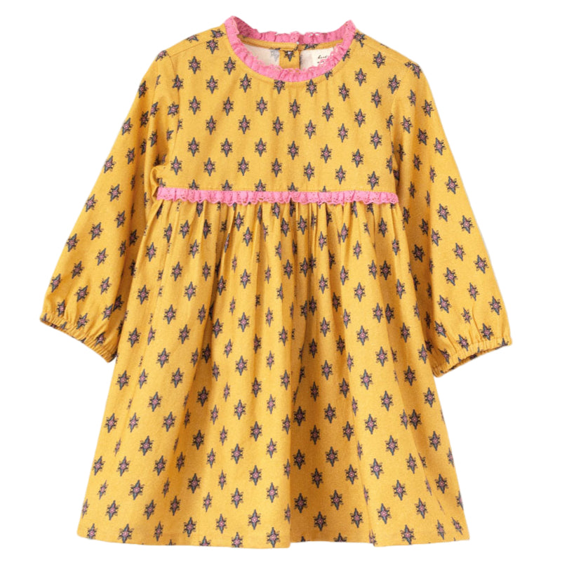 Toddler Long Sleeves Dress with Lace Trim | Yellow and Pink - HoneyBug