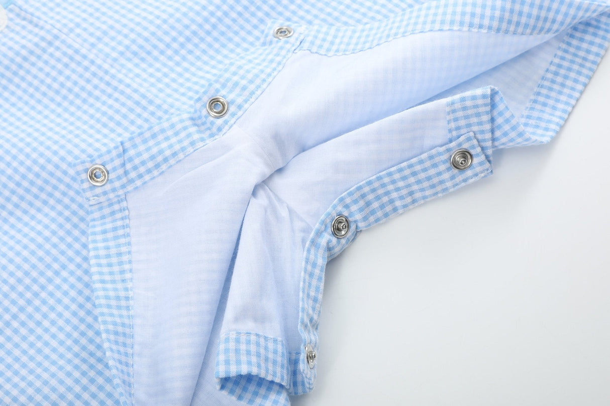 Light Blue Gingham Easter Bunny Applique Shortalls