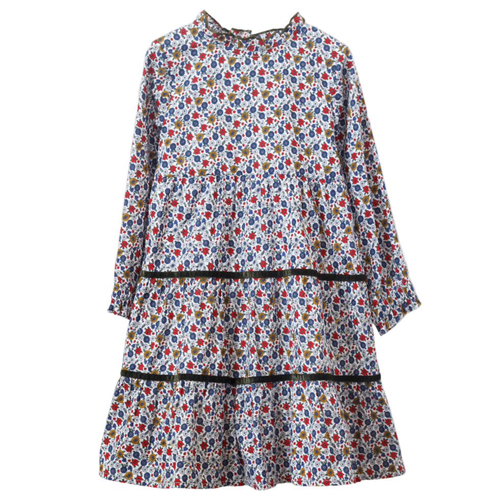 Girls' Long Sleeves Tiered Skirt Dress with Velvet Trim | Blue and Mustard - HoneyBug