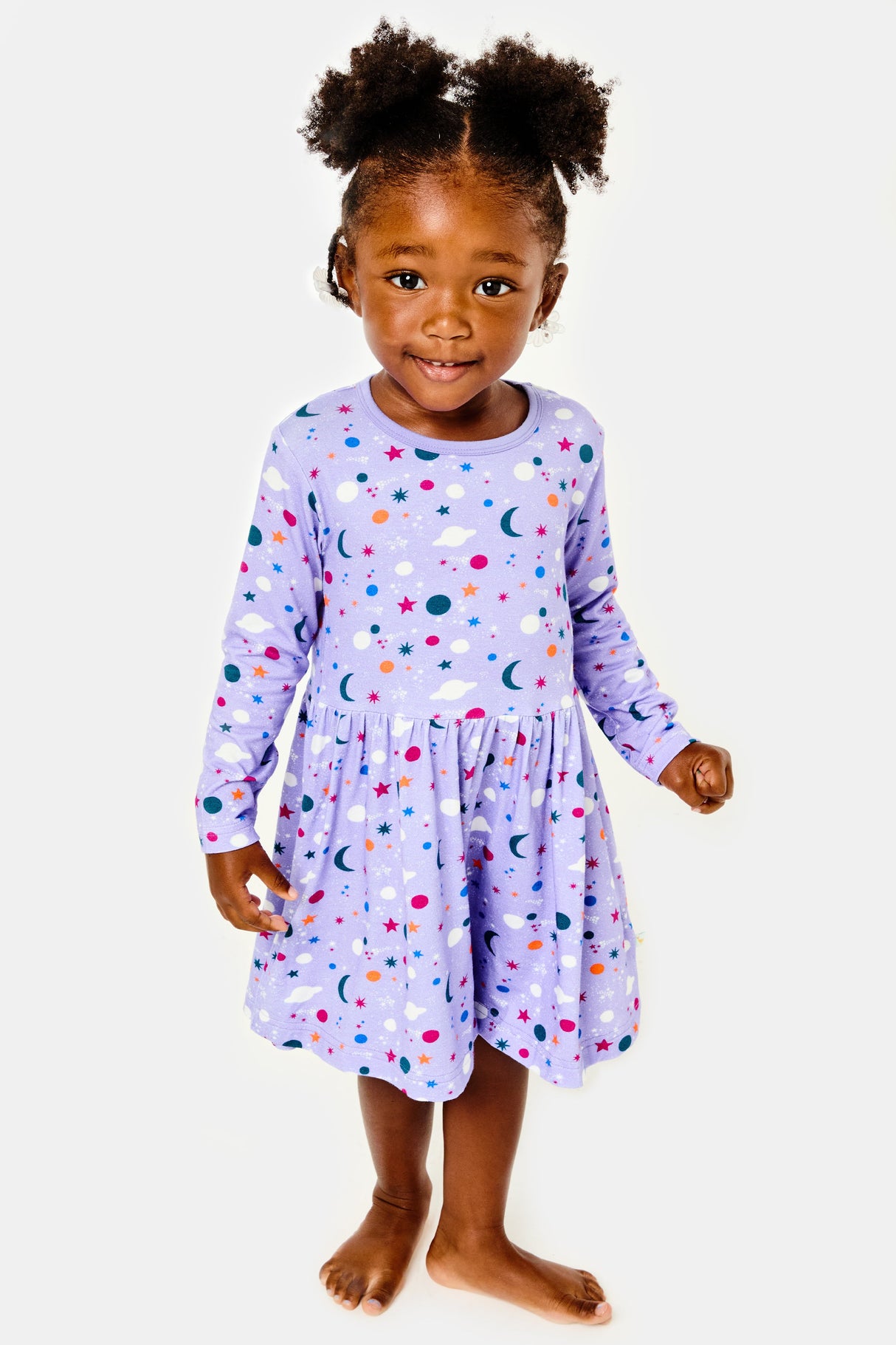 Stretchy Long Sleeve Twirl Dress - Luna Lavender - HoneyBug