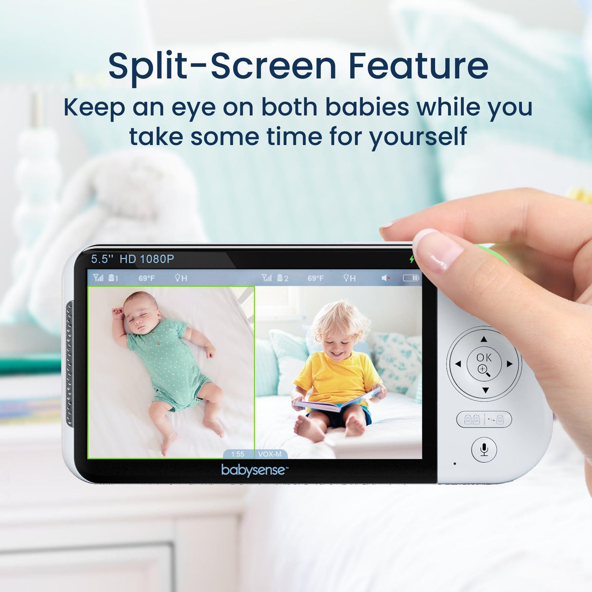 Babysense Max View: Video Baby Monitor with 1 or 2 Cameras, Non Wifi, Split Screen, Night Light & Sound Machine - HoneyBug