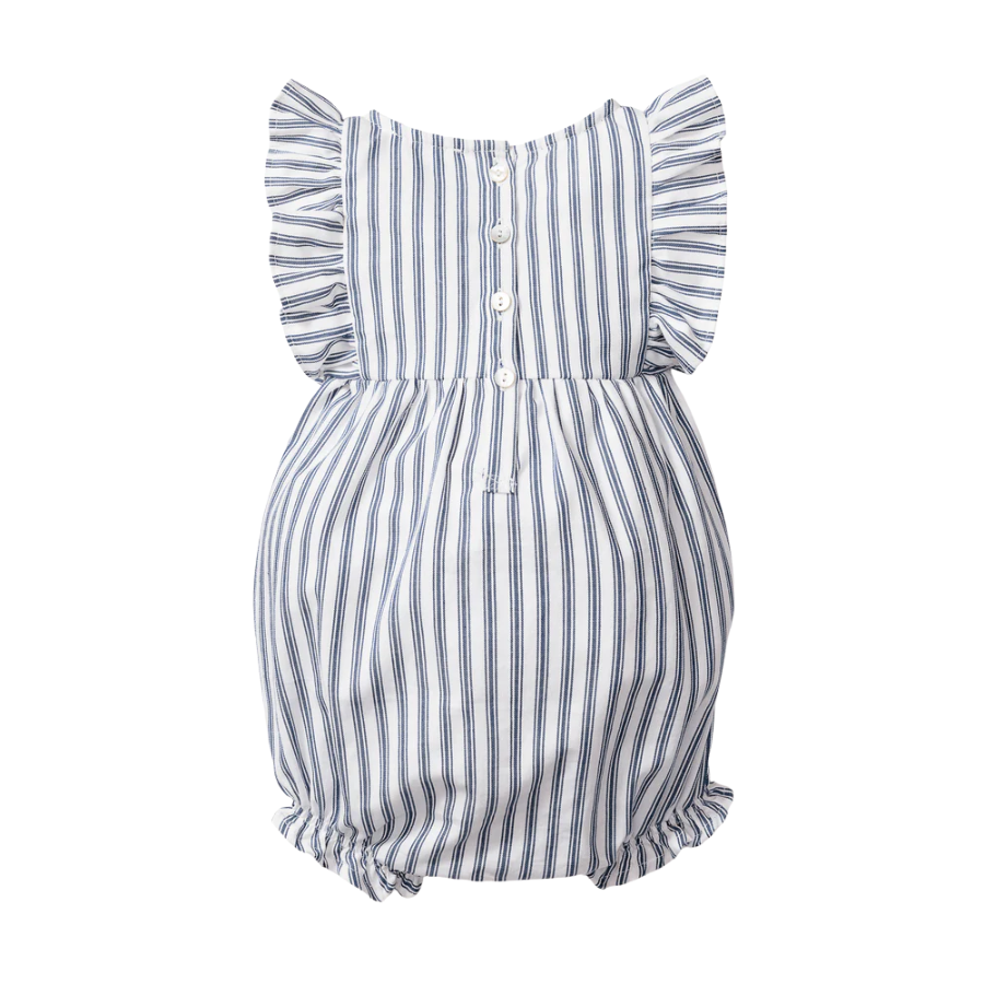 Baby's Twill Ruffled Romper in Navy French Ticking