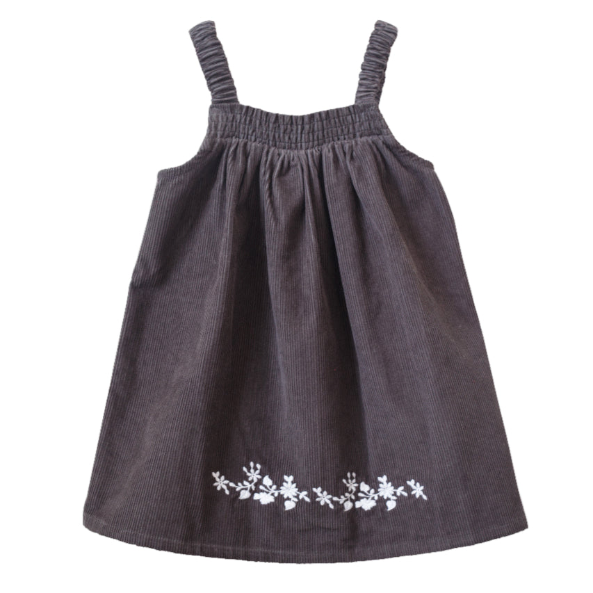 Toddler Pinafore Corduroy Dress with Embroidery | Gray & White - HoneyBug