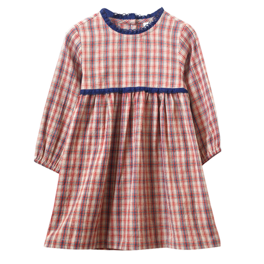 Toddler Long Sleeves Dress with Lace Trim | Red and Blue Check - HoneyBug
