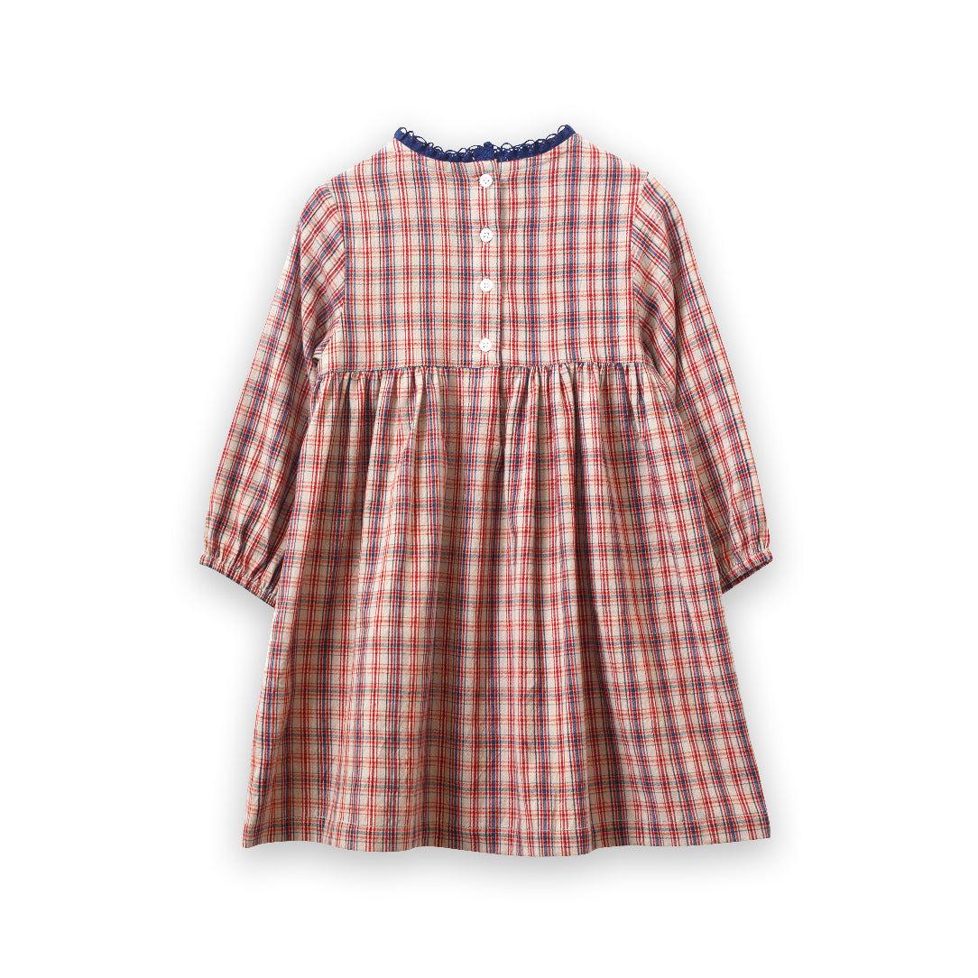 Toddler Long Sleeves Dress with Lace Trim | Red and Blue Check - HoneyBug