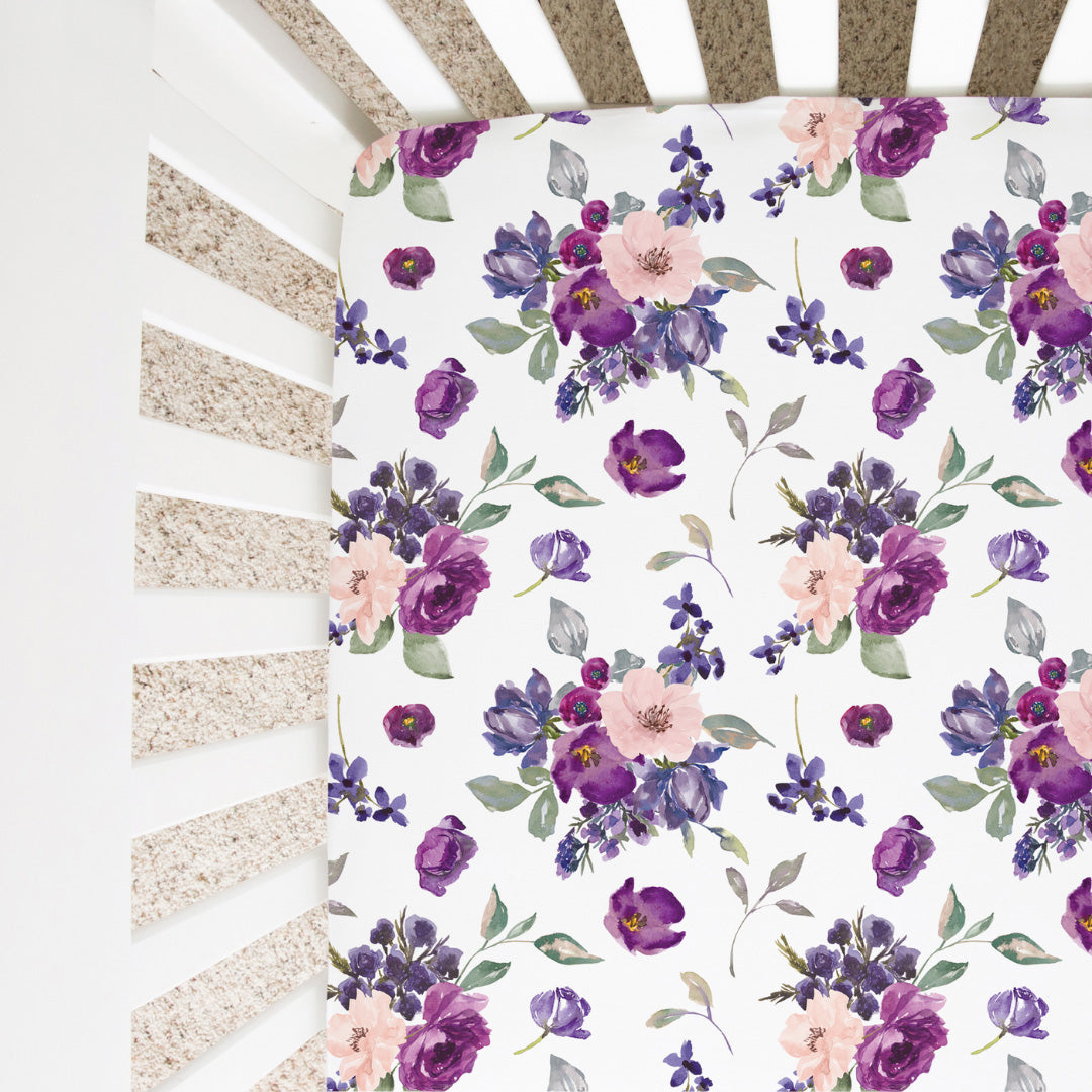 Fitted Crib Sheet - Purple & Blush Floral - HoneyBug