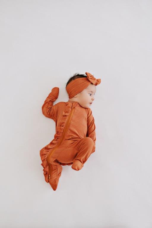 Ruffle 2 Way Zip Romper - Ribbed Rust - HoneyBug