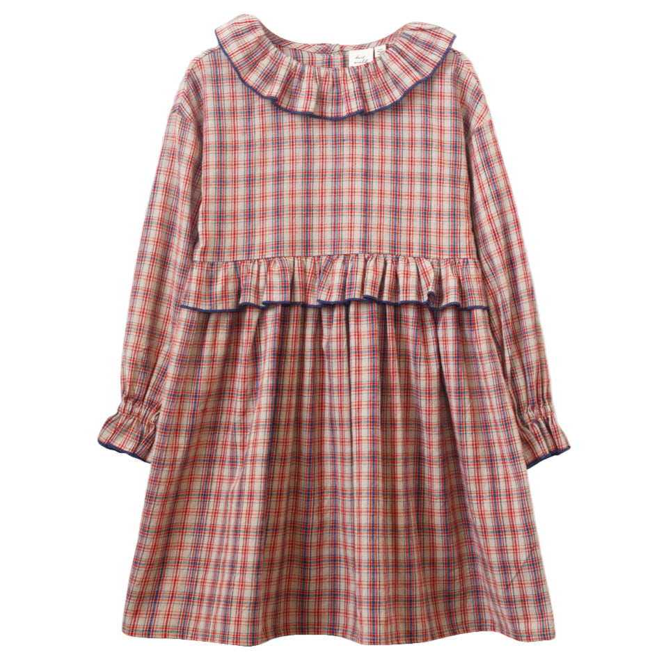 Girls' Ruffle Collar Long Sleeve Dress | Red and Blue Check - HoneyBug