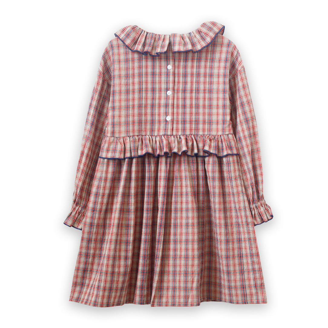 Girls' Ruffle Collar Long Sleeve Dress | Red and Blue Check - HoneyBug