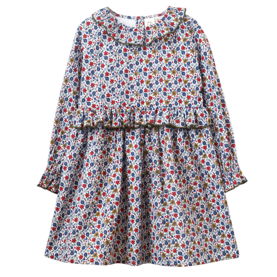 Girls' Ruffle Collar Long Sleeve Dress | Blue and Mustard Floral - HoneyBug