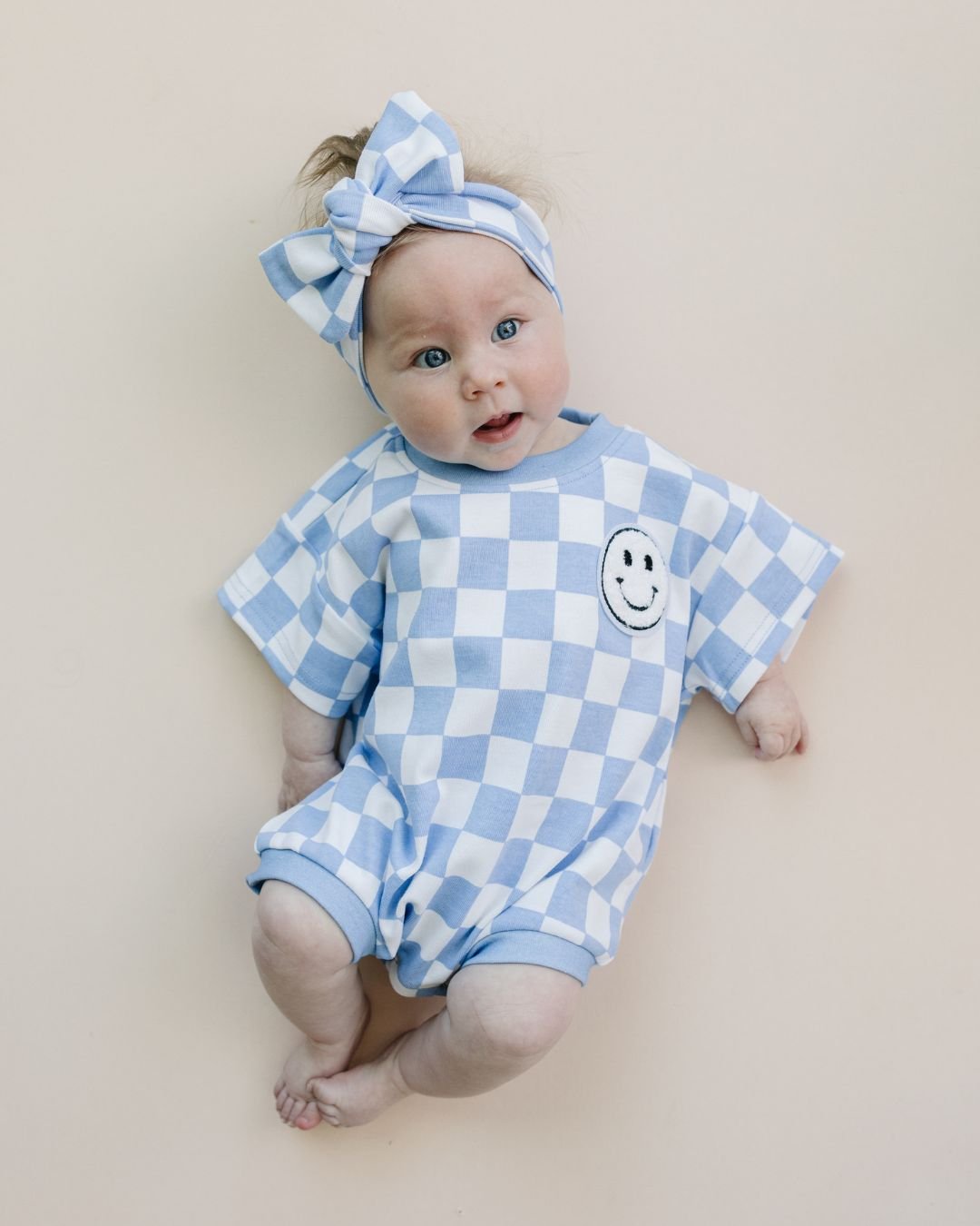 Short Sleeve Bubble Romper | Checkered Smiley Blue - HoneyBug