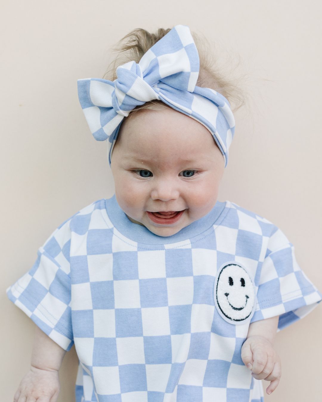Short Sleeve Bubble Romper | Checkered Smiley Blue - HoneyBug