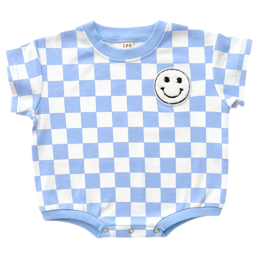 Short Sleeve Bubble Romper | Checkered Smiley Blue - HoneyBug