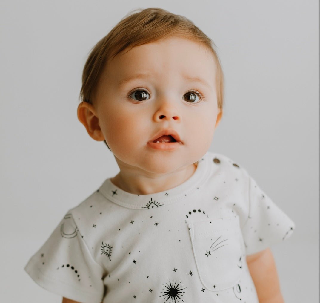 short sleeve romper | celestial - HoneyBug