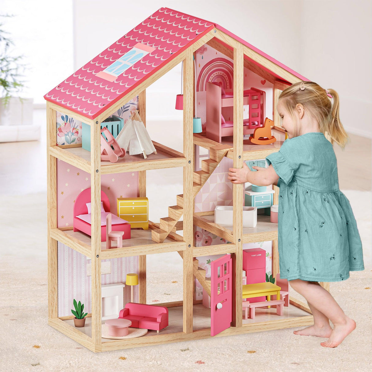 Tiny Land® Love Dollhouse with 30 Furniture - HoneyBug