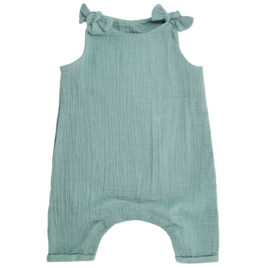 Muslin Knot Tie Overalls - Teal - HoneyBug