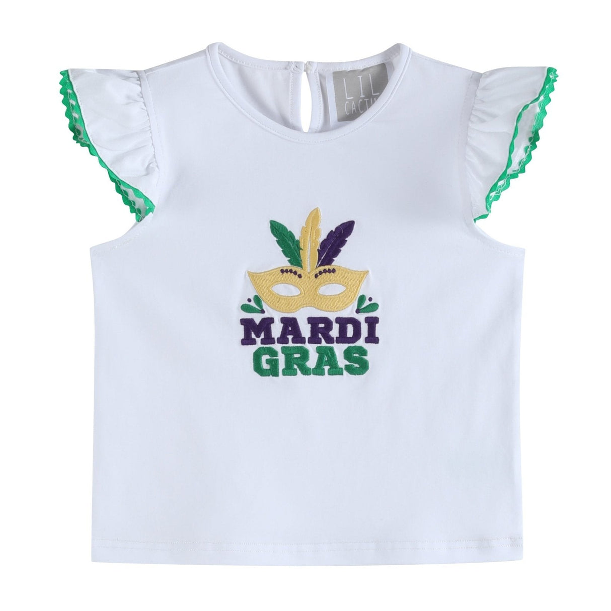 White Mardi Gras Applique Ruffle Shirt