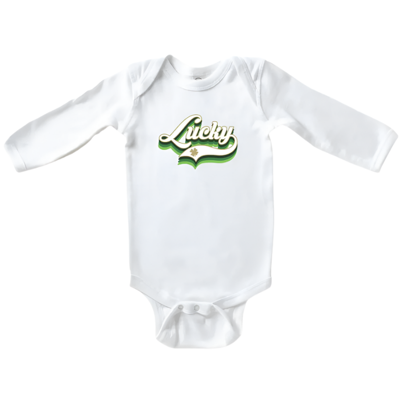 Lucky Script | Long-Sleeve Baby Onesie - White - HoneyBug