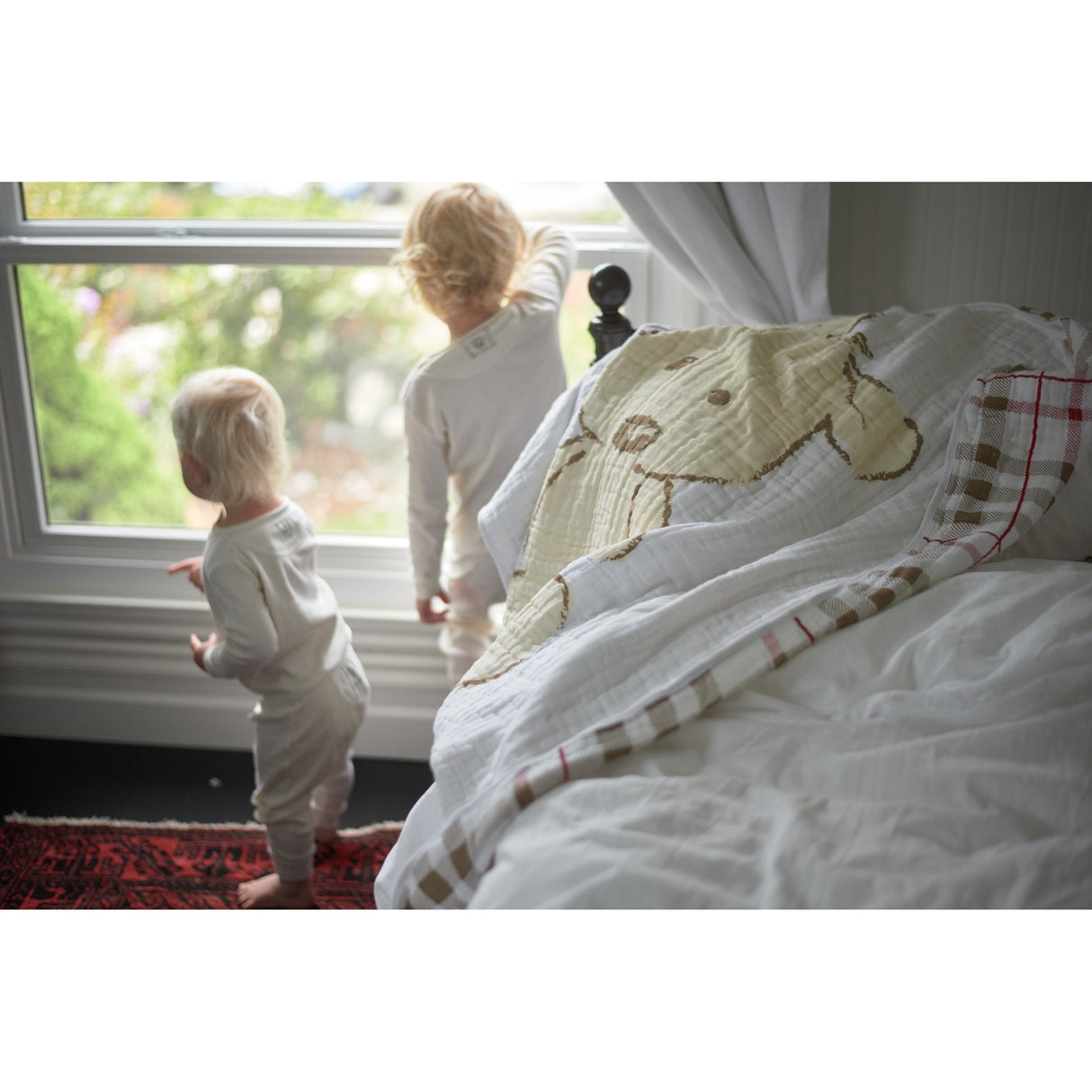 Teddy Bear and Plaid Cotton Muslin Newcastle Blanket - HoneyBug