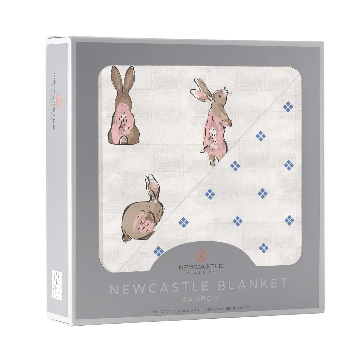 Powder Pink Bunnies and Periwinkle Diamond Polka Dot Bamboo Newcastle Blanket - HoneyBug