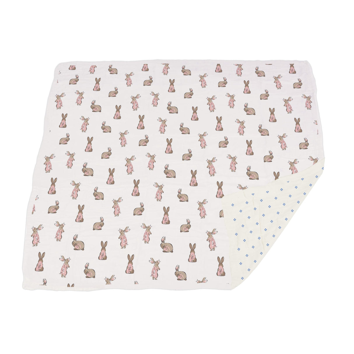 Powder Pink Bunnies and Periwinkle Diamond Polka Dot Bamboo Newcastle Blanket - HoneyBug