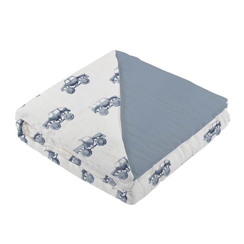 Indigo Monster Trucks and Blue Fog Cotton Newcastle Blanket - HoneyBug