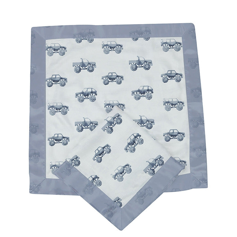 Indigo Monster Trucks Cotton Newcastle Blankie - HoneyBug