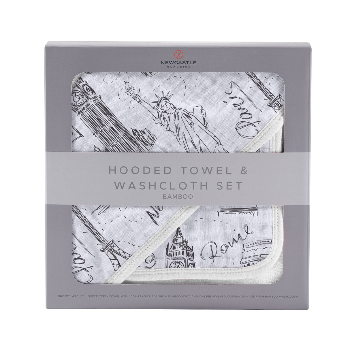London, Paris, New York Hooded Towel and Washcloth Set - HoneyBug