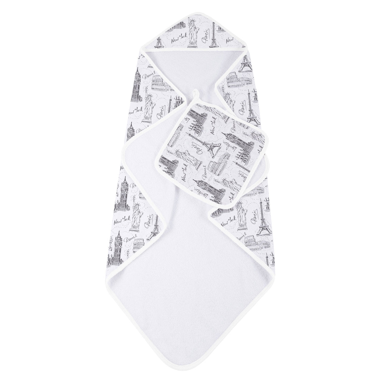 London, Paris, New York Hooded Towel and Washcloth Set - HoneyBug