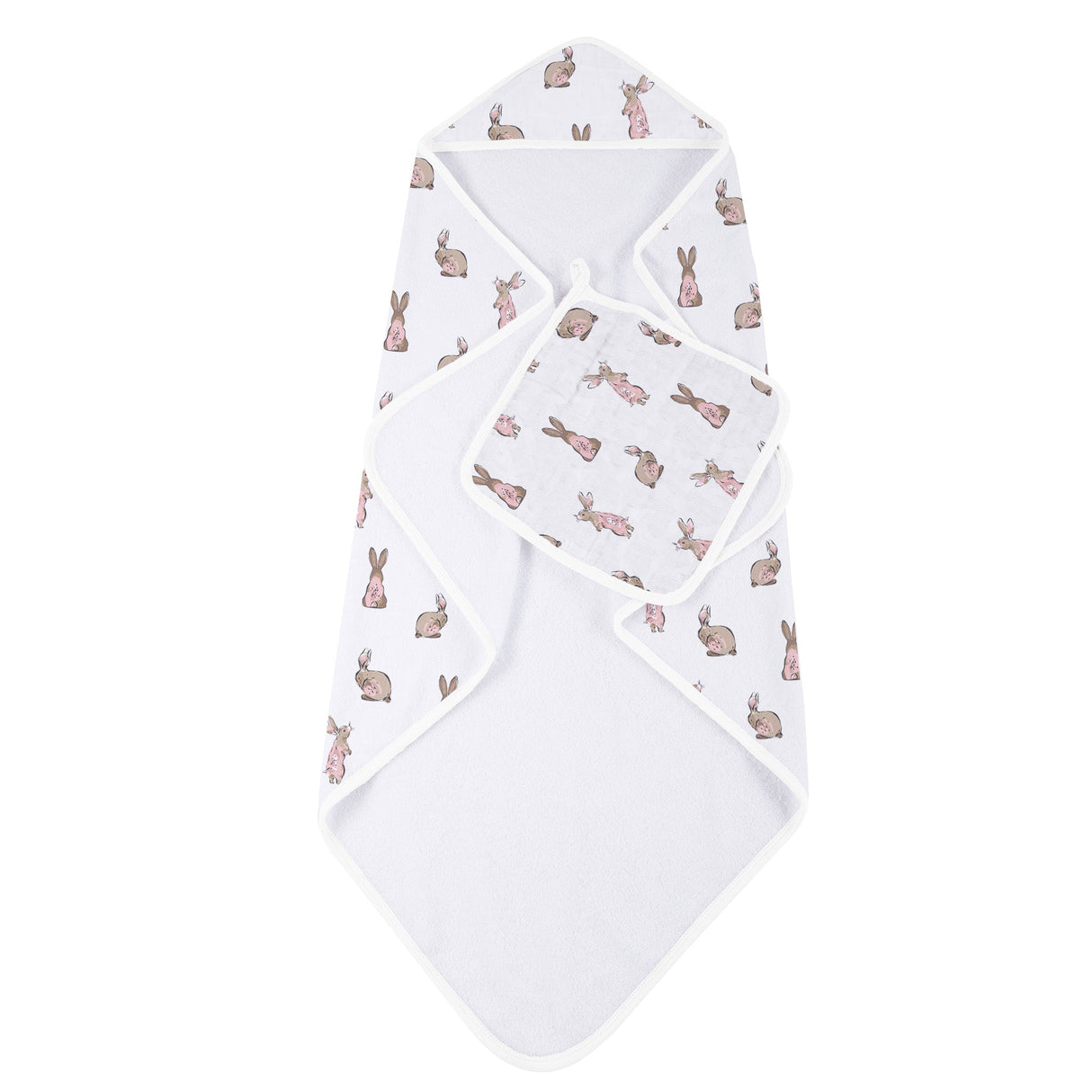 Powder Pink Bunnies Bamboo Hooded Towel and Washcloth Set - HoneyBug