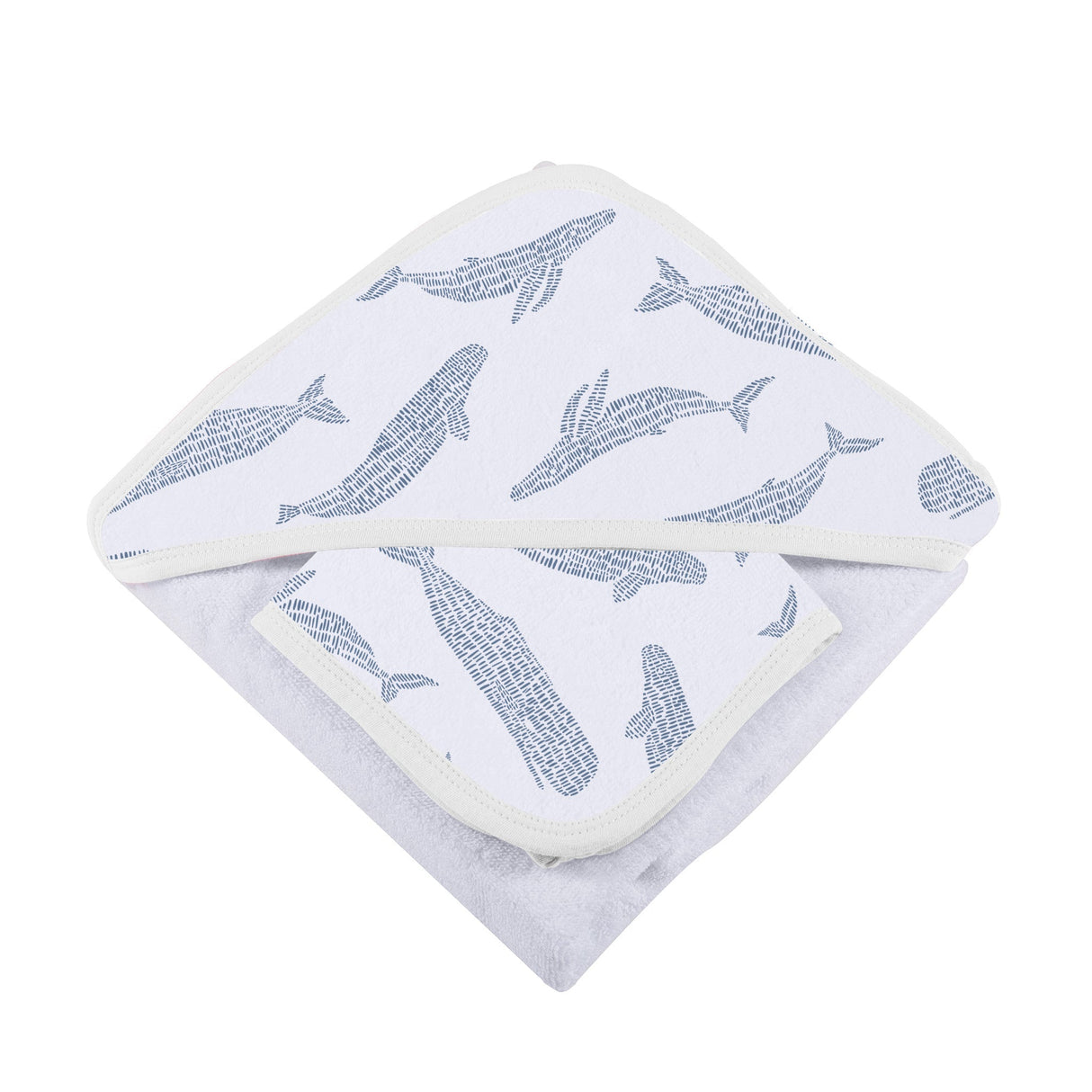 Blue Shadow Whales Bamboo Hooded Towel and Washcloth Set - HoneyBug
