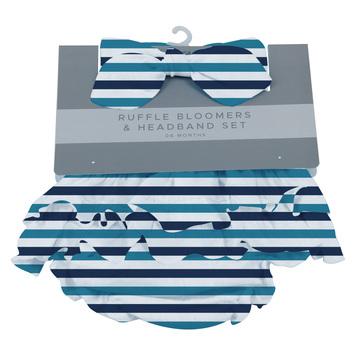 Blue and White Stripe Ruffle Bamboo Bloomer Headband Set - HoneyBug